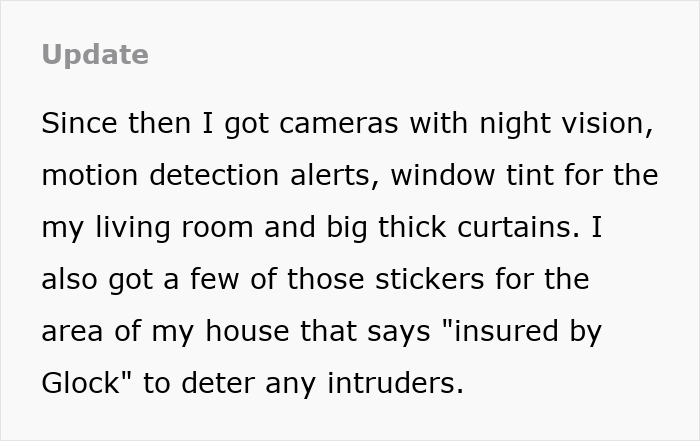 Text update about new neighbor behavior and security upgrades: night vision cameras, motion detection, window tint, thick curtains.