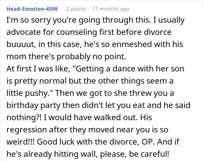 A comment suggests counseling but notes the husband is enmeshed with his mom, implying a difficult marriage situation. A comment suggests counseling but notes the husband is enmeshed with his mom, implying a difficult marriage situation.