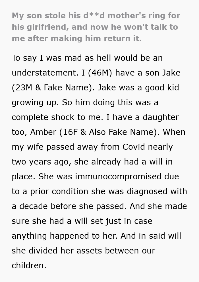 Text describing a son stealing a family heirloom, specifically a ring, for a proposal, causing family conflict. Text describing a son stealing a family heirloom, specifically a ring, for a proposal, causing family conflict.