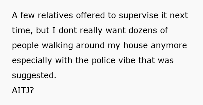 Text describing the homeowner's refusal to continue the family free table tradition after an aunt's free-for-all behavior.