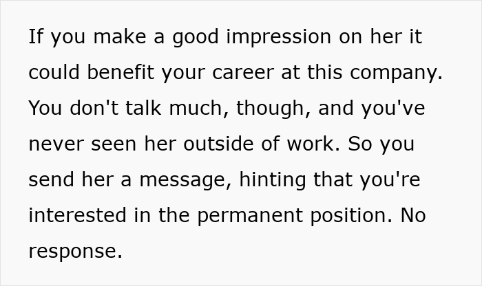 Image of text describing career benefits and no response to a message, related to a woman coworker.