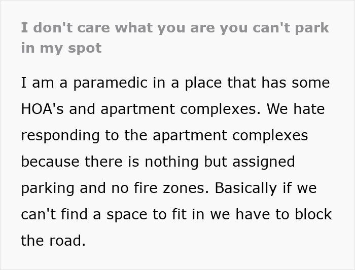 Text explaining a paramedic's frustration with parking in an apartment complex; leading to a man throwing a fit.