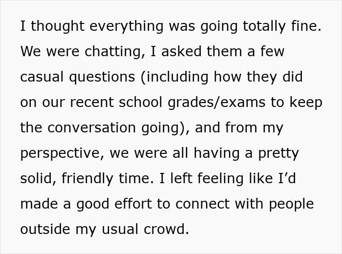 Screenshot of text about a guy socializing with female classmates, who felt intruded on by his presence. Screenshot of text about a guy socializing with female classmates, who felt intruded on by his presence.