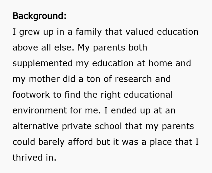 Screenshot of background text about the importance of education and finding the right educational environment.