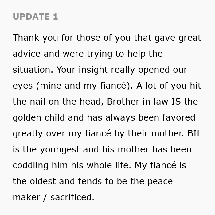 A screenshot of a Reddit post update about a wedding dispute, discussing in-laws and family dynamics. A screenshot of a Reddit post update about a wedding dispute, discussing in-laws and family dynamics.