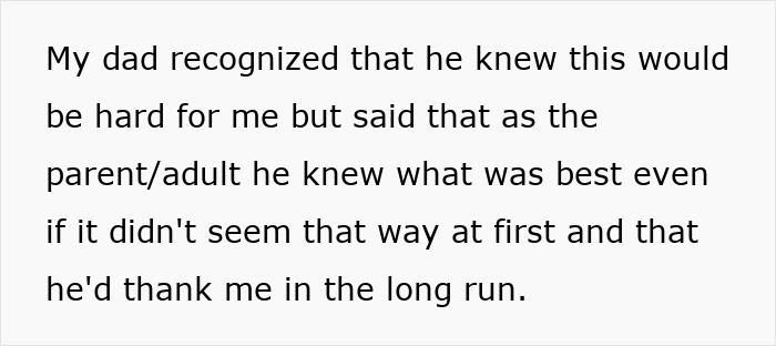Screenshot of text about a dad knowing what is best for his child after the woman is adopted by her stepmom. Screenshot of text about a dad knowing what is best for his child after the woman is adopted by her stepmom.