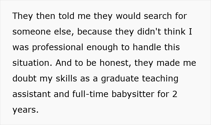 Babysitter doubts her skills after parents gaslight her over a crying baby, implying she is the problem. Babysitter doubts her skills after parents gaslight her over a crying baby, implying she is the problem.