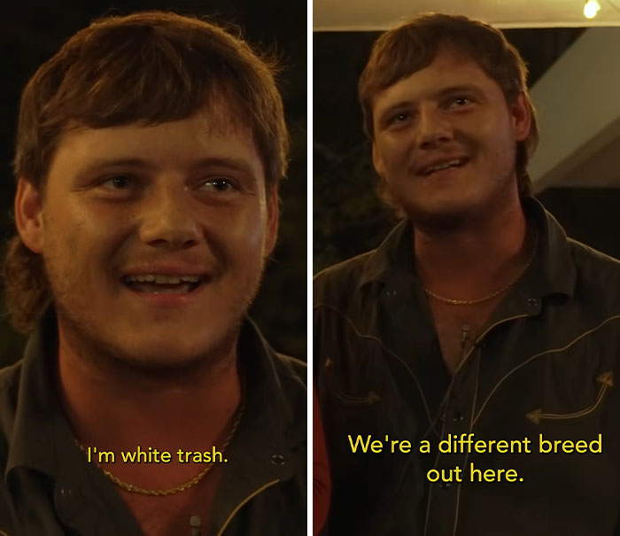 A working class man in a bar setting, stating I'm white trash and We're a different breed out here.