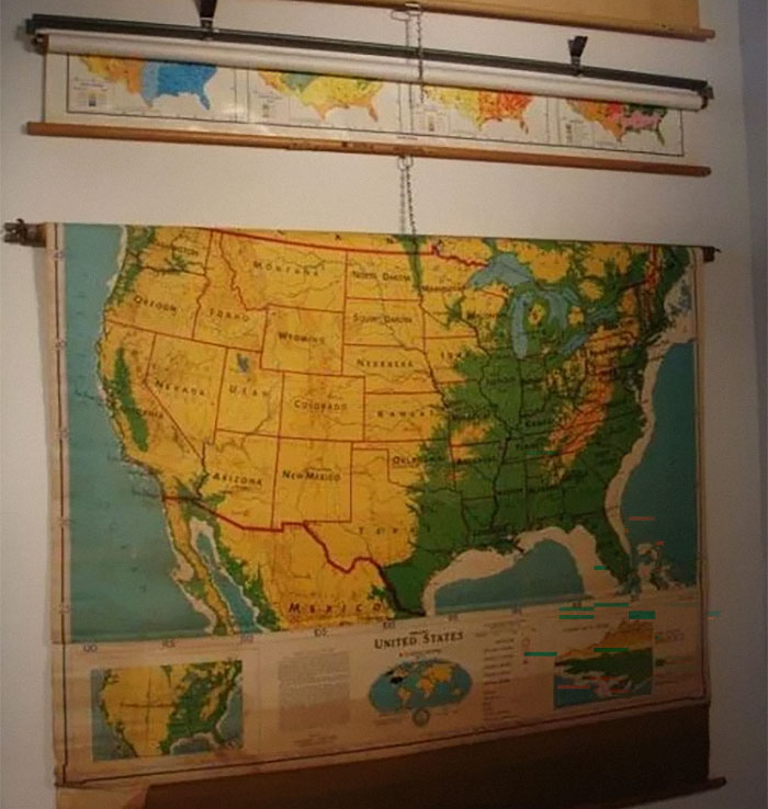A pull-down map of the United States, a school item kids today will never experience.