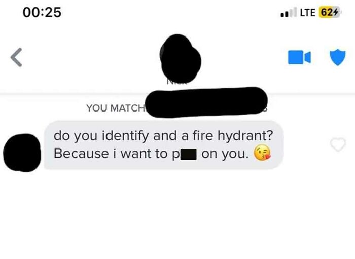 A cringey screenshot of an online dating message asking if the recipient identifies as a fire hydrant.