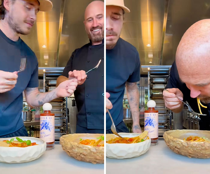 Brooklyn Beckham and a chef in a cooking video, one man tasting pasta, another holding a small flame.