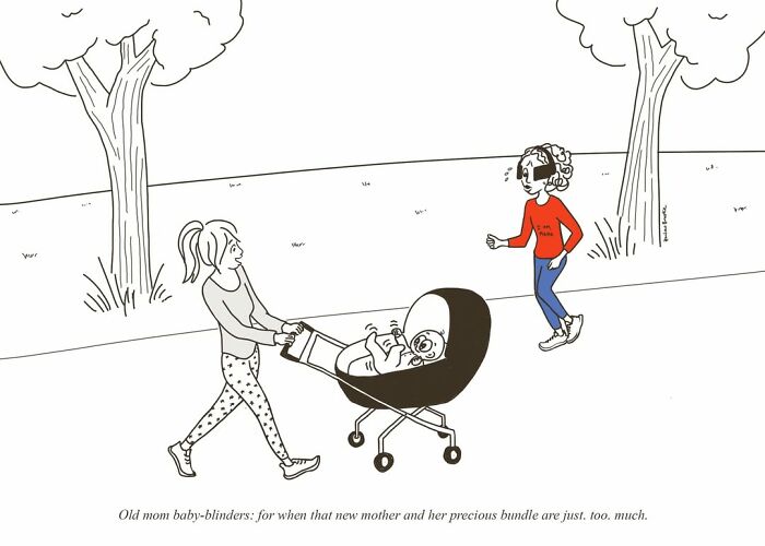 A parenting cartoonist draws a mom with blinders avoiding another mother pushing a baby stroller, illustrating relatable parenting comics.