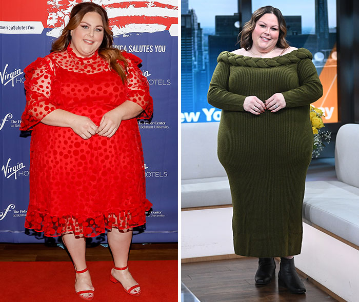 Before and after photos of Chrissy Metz, showcasing her 100 pounds weight loss due to GLP-1 meds.