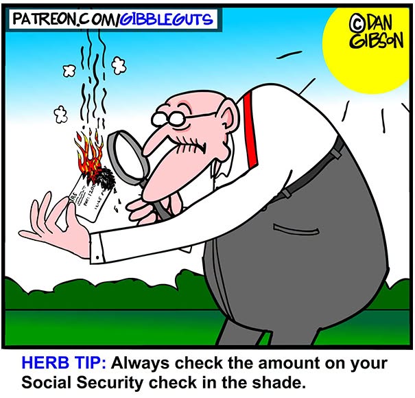 Hilarious one-panel comic by Dan Gibson shows an old man burning his Social Security check with a magnifying glass, proving growing older does not mean growing up.
