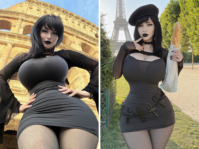 A split image of the Goth baddie woman in a black dress in front of the Colosseum and Eiffel Tower. A split image of the Goth baddie woman in a black dress in front of the Colosseum and Eiffel Tower.