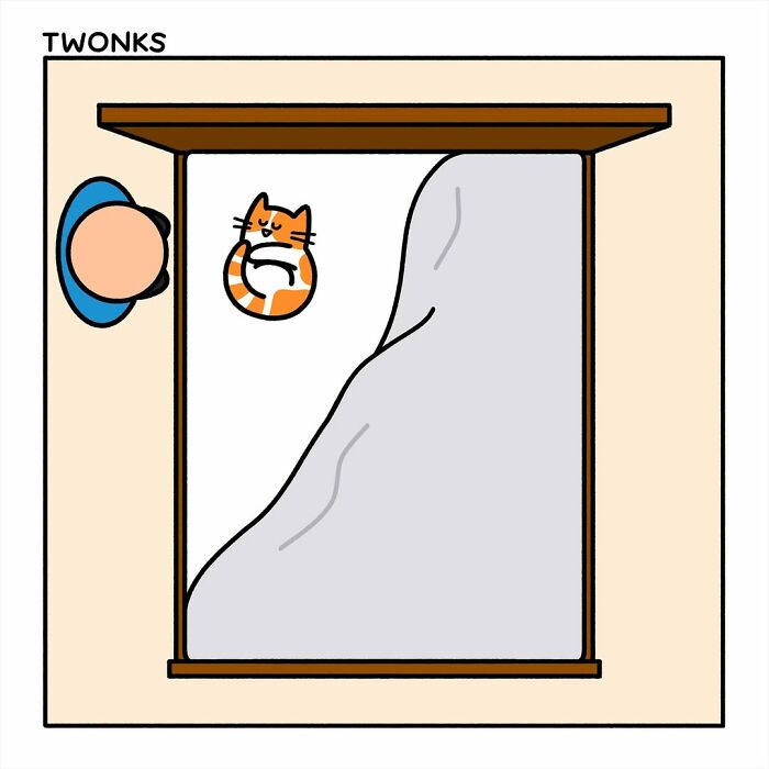 A funny cat comic by Steve Nelson showing a small cat taking up most of the bed next to a person.
