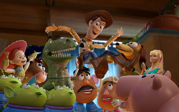 Woody from Toy Story riding Bullseye with other characters, symbolizing casual conversations and wife material.