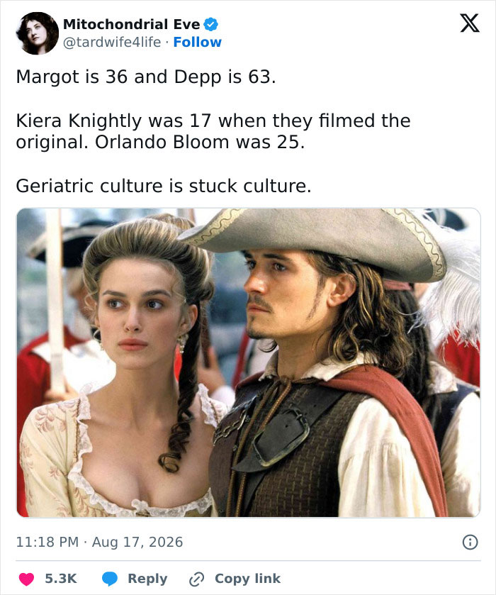A social media post discussing the ages of Margot Robbie and Johnny Depp, featuring Kiera Knightly and Orlando Bloom. A social media post discussing the ages of Margot Robbie and Johnny Depp, featuring Kiera Knightly and Orlando Bloom.