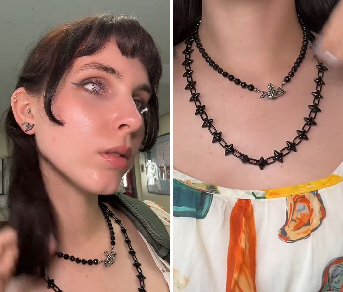 Teacher's OOTD post sparks controversy, detailing the teacher's accessories with a close-up of her earrings and layered necklaces, sparking dress codes debate. Teacher's OOTD post sparks controversy, detailing the teacher's accessories with a close-up of her earrings and layered necklaces, sparking dress codes debate.