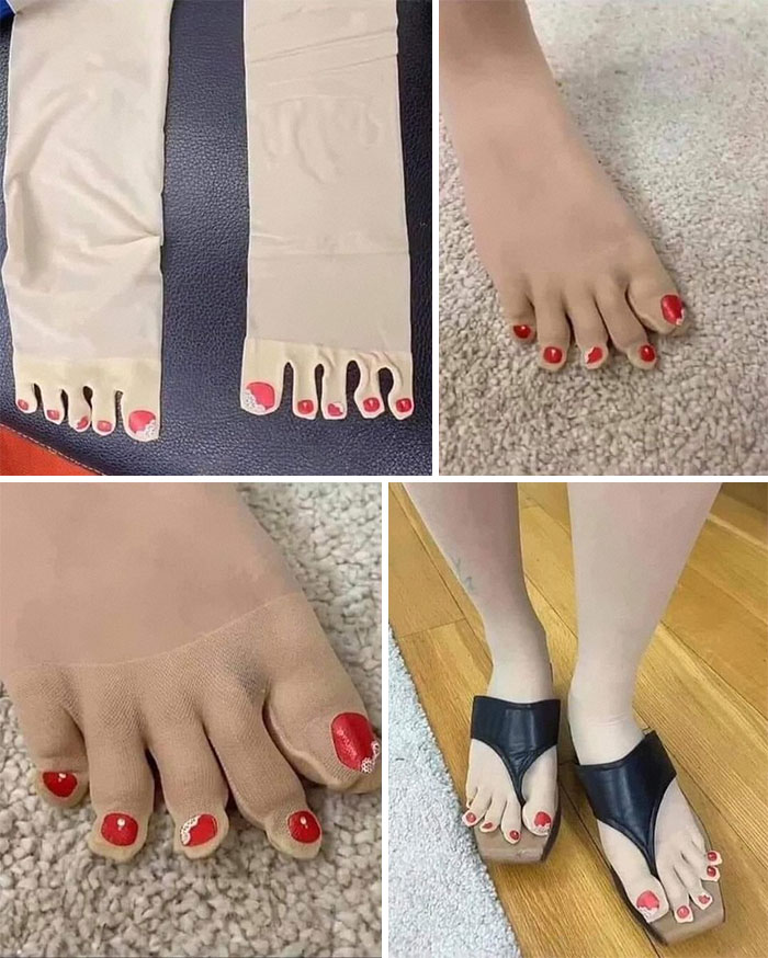Close-up of n**e stockings with painted red toenails, worn with sandals, highlighting a bad fashion choice.