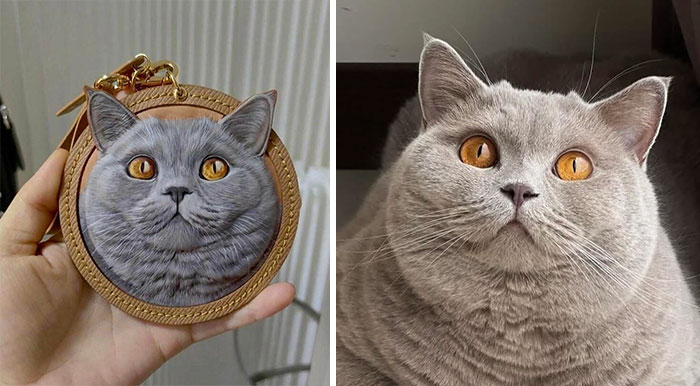 A handmade cat face keychain and a real cat looking similar, showcasing jaw-dropping handmade projects.