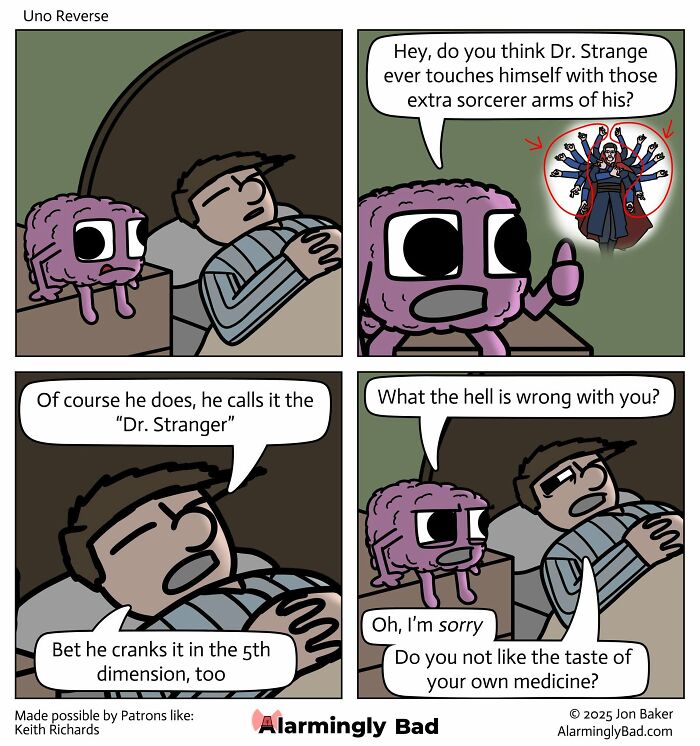 Humorous and unpredictable Jon Baker comic featuring a purple brain character and a man discussing Dr. Strange.