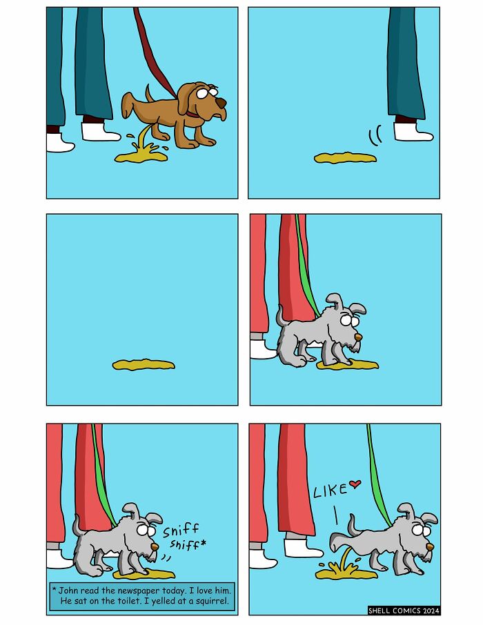 A comic of two dogs peeing on the same spot, one after another, enjoying the scent. Relatable comics humor.