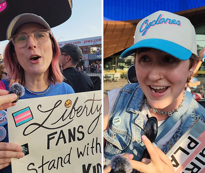 Split image: two people holding signs, one with 'Liberty FANS Stand with' at a protest against anti-trans protesters. Split image: two people holding signs, one with 'Liberty FANS Stand with' at a protest against anti-trans protesters.