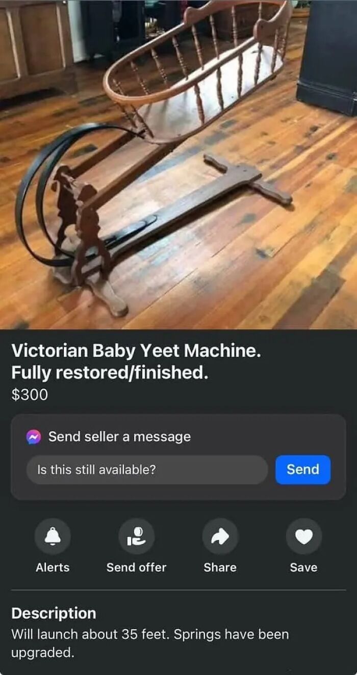 Online marketplace screenshot of a Victorian Baby Yeet Machine, a strange antique crib, highlighting weird online marketplace items.
