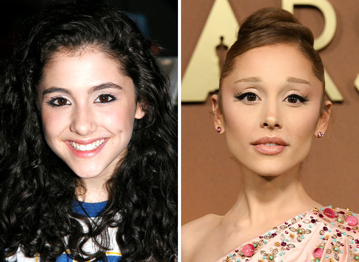 Ariana Grande's before and after fame style transformation, demonstrating her celebrity fashion evolution.