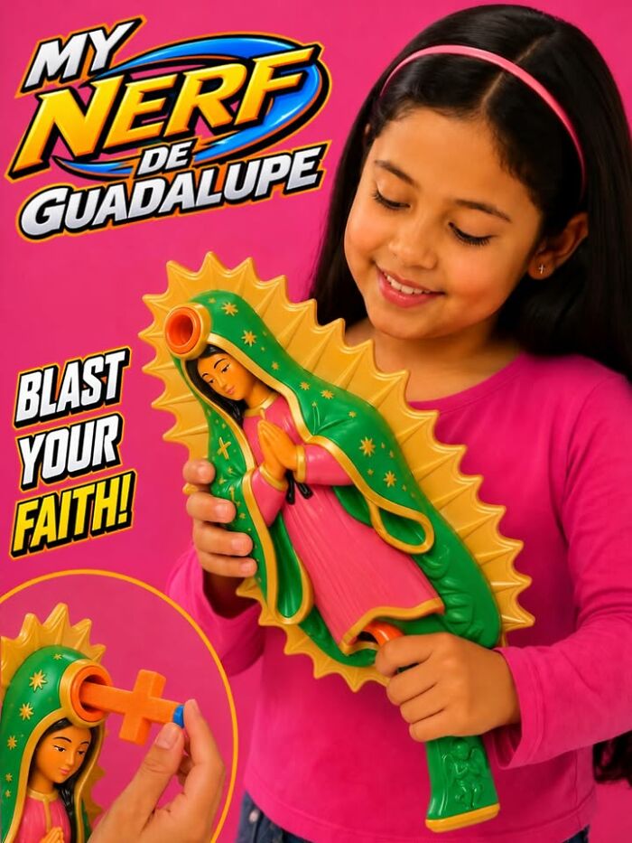 A girl holds a 'My Nerf de Guadalupe' figurine, a bizarre and dark comedy collectible from Forbidden Toys.
