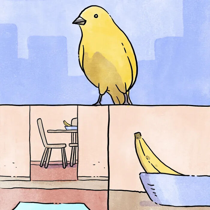 Heartwarming comics featuring pets; a large bird stands on a wall above a room with a banana in a bowl. Heartwarming comics featuring pets; a large bird stands on a wall above a room with a banana in a bowl.