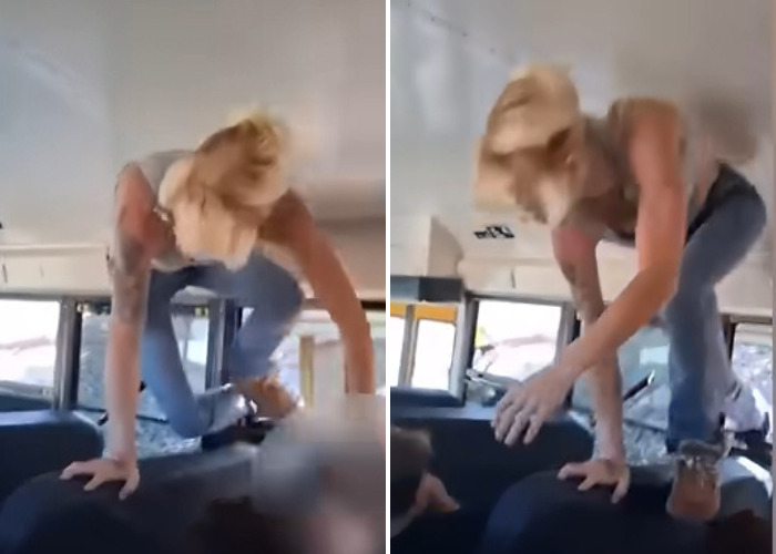 Furious parent climbing over seats inside school bus after driver refuses to release kids. Furious parent climbing over seats inside school bus after driver refuses to release kids.