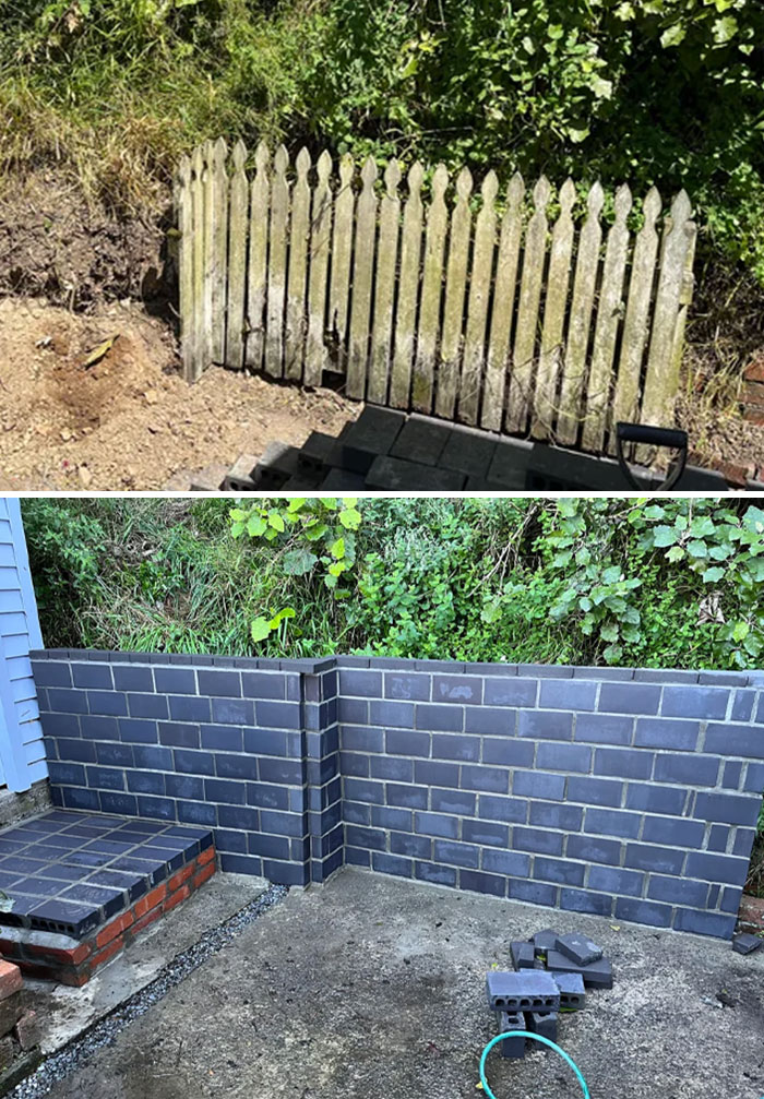 Before and after DIY improvements of an old wooden fence replaced by a modern, sturdy grey brick wall for the garden.
