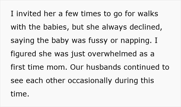 Wife describes inviting neighbor for walks with babies, dealing with a horrible miscommunication.