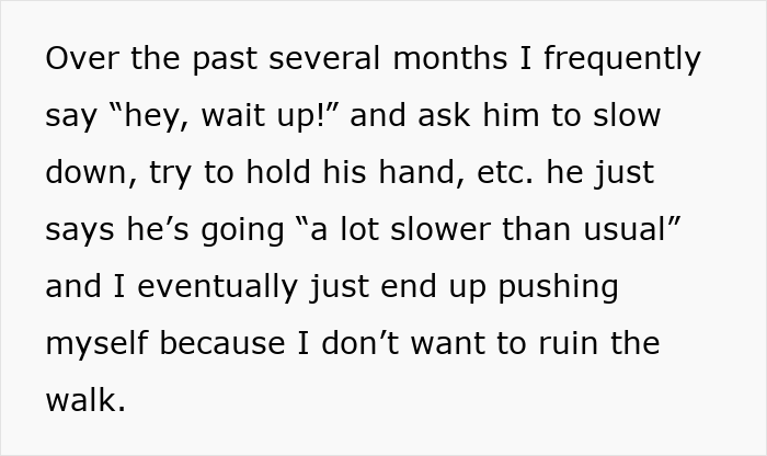Screenshot of text describing a pregnant woman asking her husband to slow down during a walk, related to a husband left pregnant relationship. Screenshot of text describing a pregnant woman asking her husband to slow down during a walk, related to a husband left pregnant relationship.