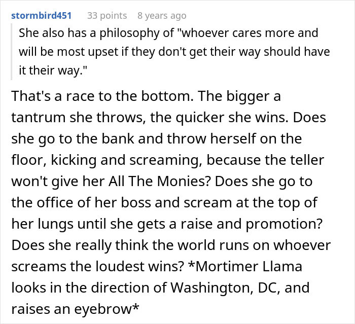 Reddit comment about a future MIL's philosophy of winning by being more upset, related to wedding conflicts. Reddit comment about a future MIL's philosophy of winning by being more upset, related to wedding conflicts.