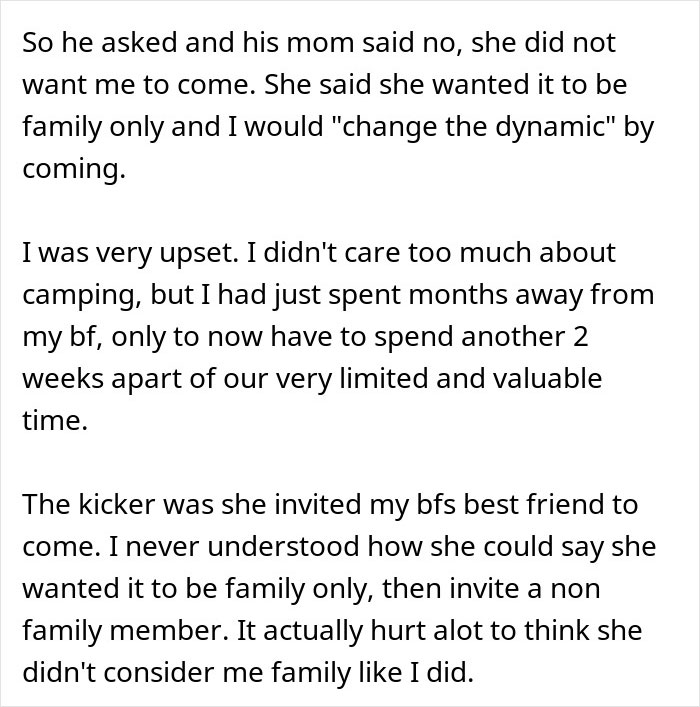 A Reddit comment detailing how a boyfriend's family's cruel plan excluded her from a family trip, despite inviting a non-family member. A Reddit comment detailing how a boyfriend's family's cruel plan excluded her from a family trip, despite inviting a non-family member.
