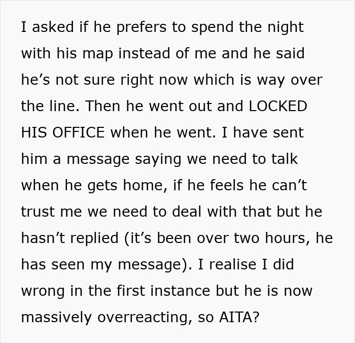 Woman in a guy's house, feeling her boyfriend is overreacting by locking his office after she crossed boundaries.