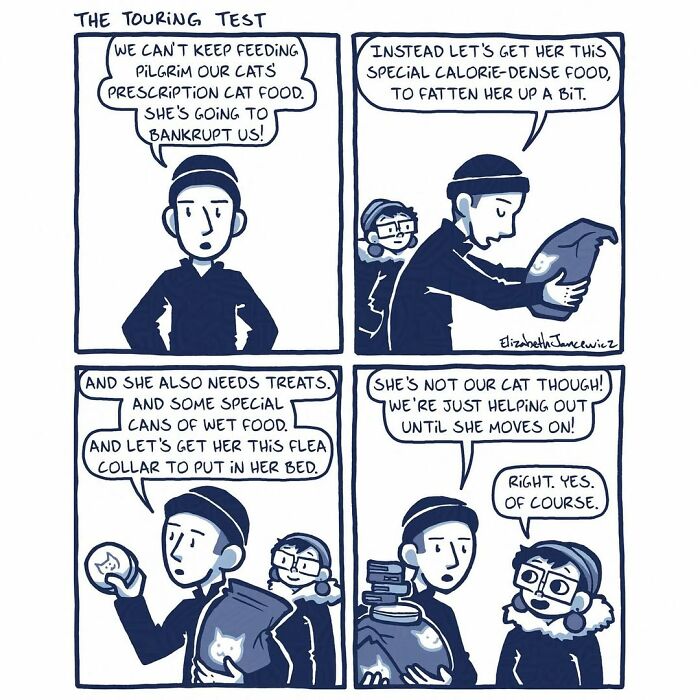 A heartwarming comic series showing an artist and their partner discussing buying expensive cat food for a stray cat. A heartwarming comic series showing an artist and their partner discussing buying expensive cat food for a stray cat.