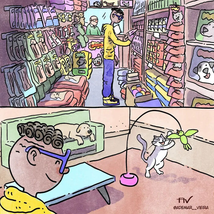 A comic showing a person buying pet supplies and their pet cat playing with a toy, illustrating life with pets. A comic showing a person buying pet supplies and their pet cat playing with a toy, illustrating life with pets.