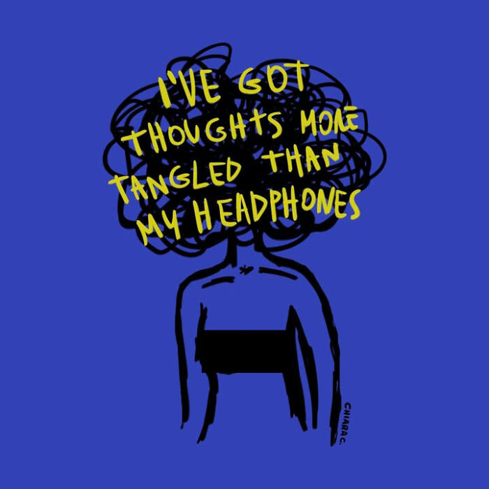 A woman illustrates modern society with a figure whose head is a tangle of thoughts, like tangled headphones.