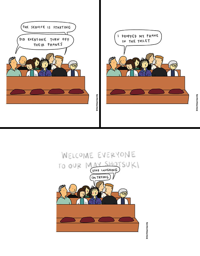 A comic strip depicting a crowded room during a service, where someone dropping their phone in the toilet creates a funny, ordinary situation.