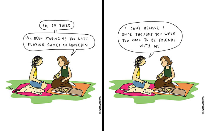 A comic strip with two friends on a picnic, discussing staying up late for LinkedIn games and past friendship dynamics, a funny ordinary situation.
