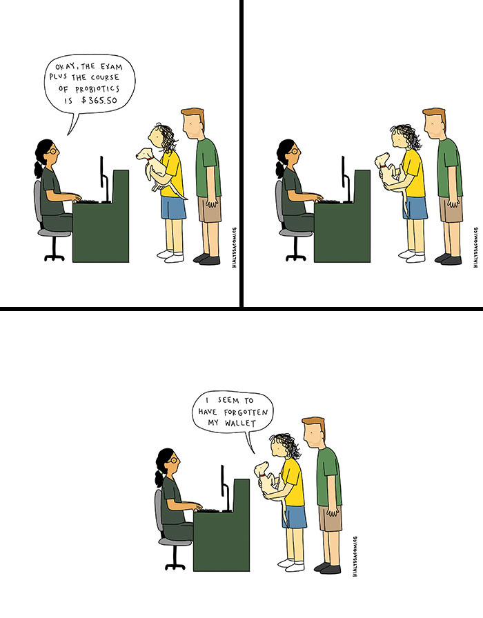 A comic strip about a couple at a vet's office, facing an unexpected bill and realizing they forgot their wallet, highlighting an ordinary situation.