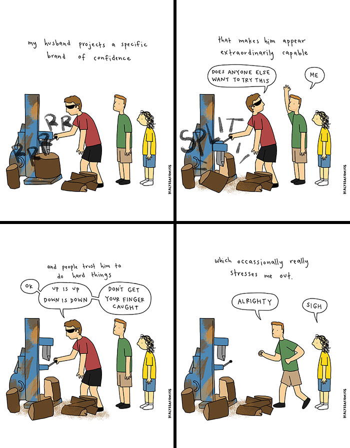 A comic strip about an artist's husband who confidently tackles ordinary situations, sometimes stressing her out.