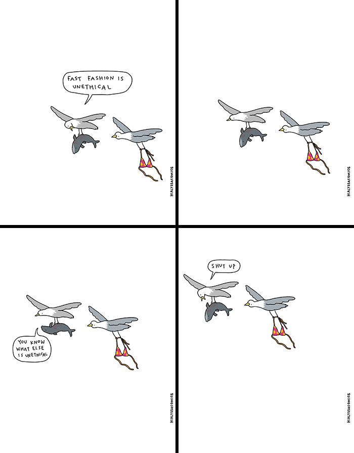 A comic of two seagulls, one carrying a fish and the other carrying a bikini, discussing fast fashion in a funny comic.