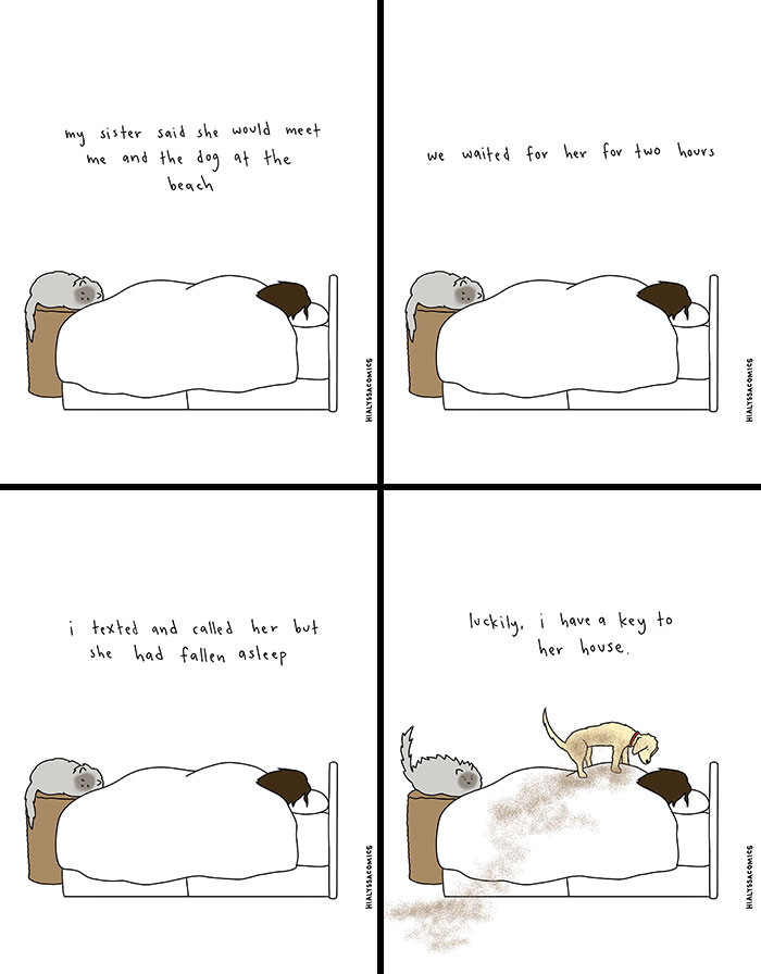 A comic illustrating a dog waiting for a sister at the beach, then entering her house, finding the funny side.