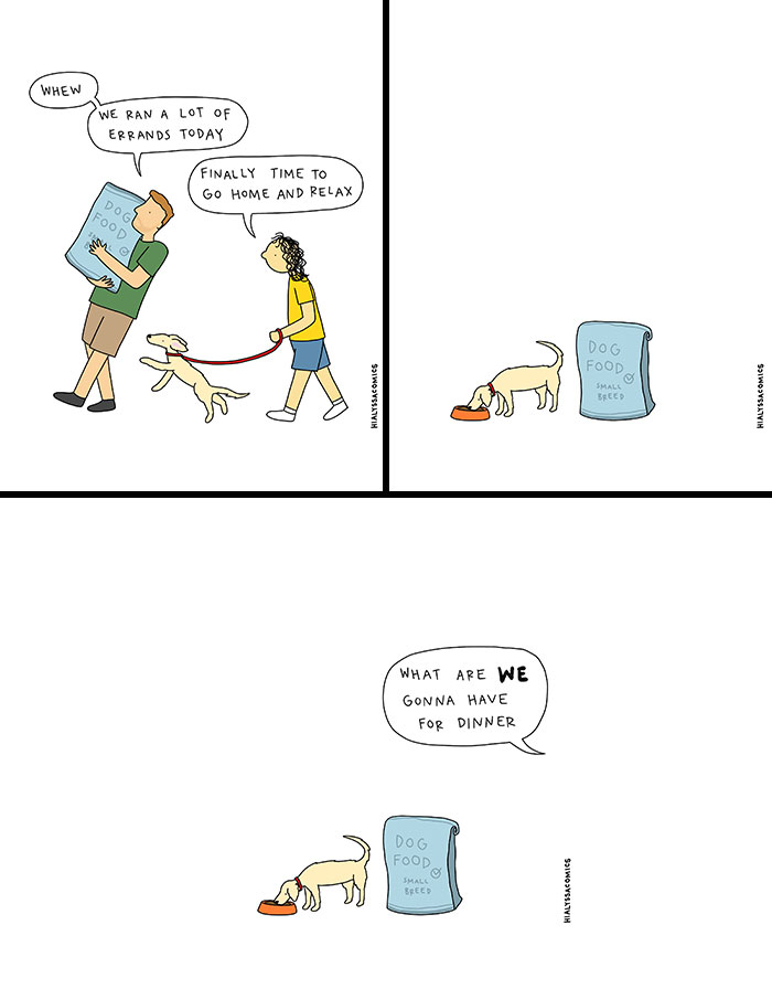 A comic of a couple and their dog after errands, illustrating a funny situation about dinner plans.