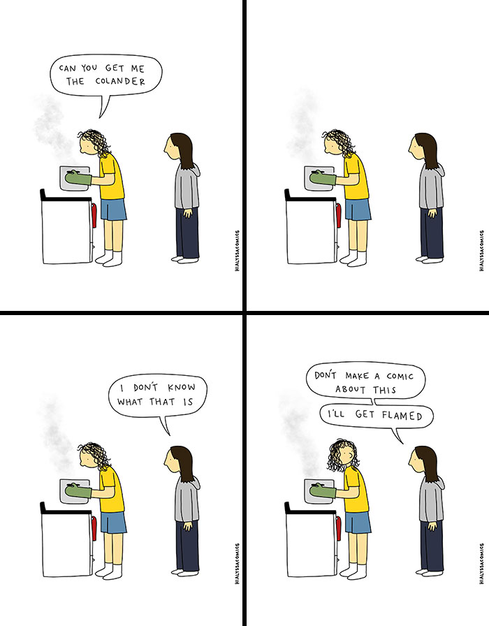 A comic of two people in a kitchen, one asking for a colander, depicting funny ordinary situations.